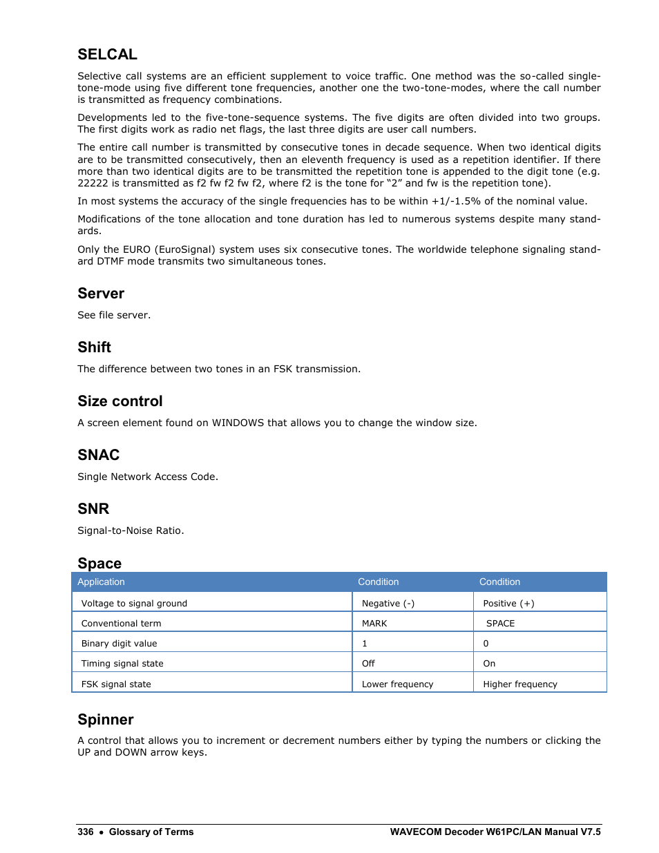 Selcal, Server, Shift | Size control, Snac, Space, Spinner | Wavecom W61PC V7.5.0 User Manual | Page 346 / 353