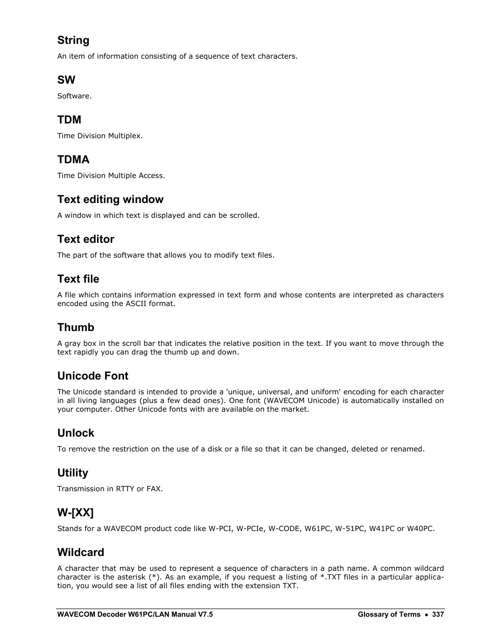 String, Tdma, Text editing window | Text editor, Text file, Thumb, Unicode font, Unlock, Utility, W-[xx | Wavecom W61PC V7.5.0 User Manual | Page 347 / 353