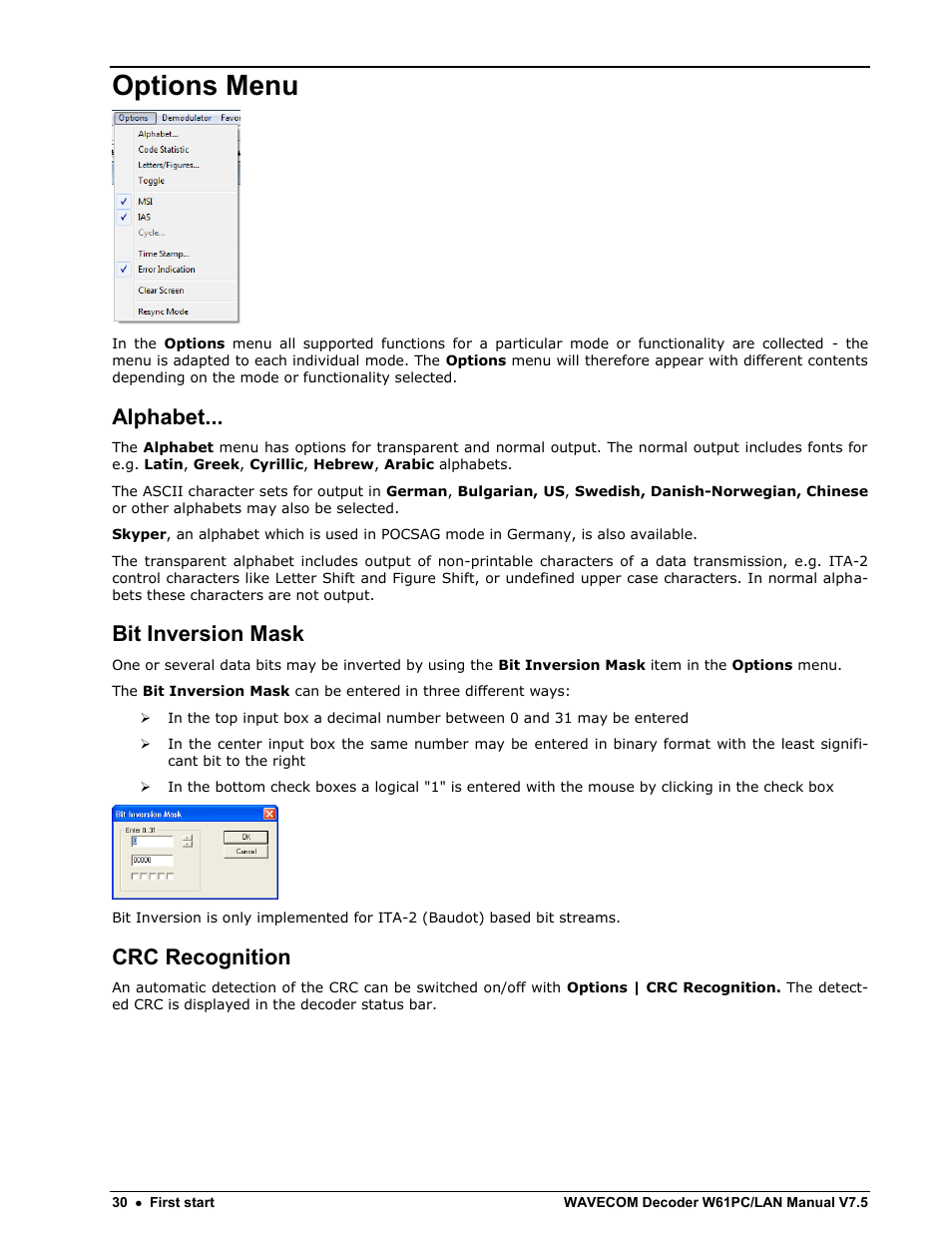 Options menu, Alphabet, Bit inversion mask | Crc recognition | Wavecom W61PC V7.5.0 User Manual | Page 40 / 353
