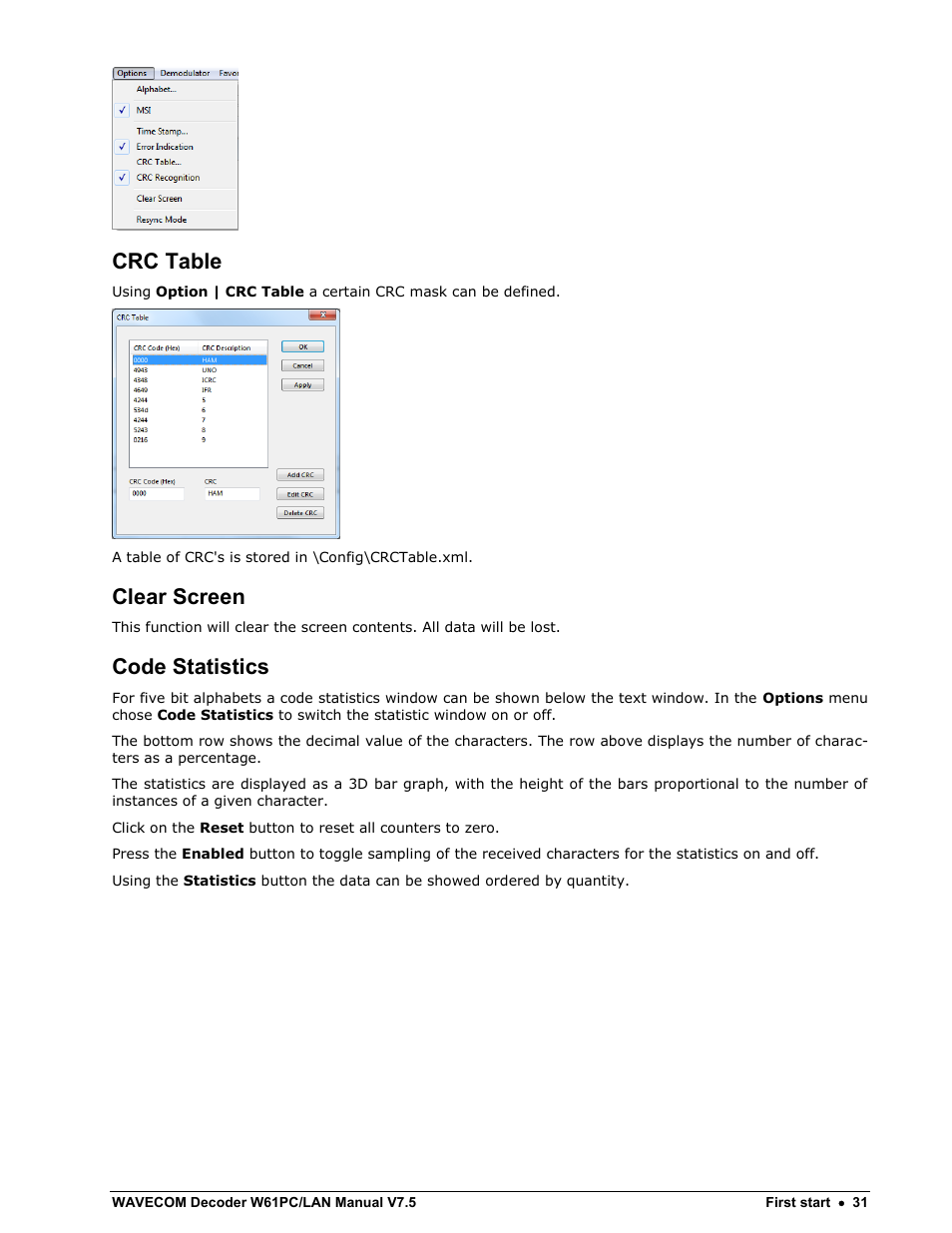 Crc table, Clear screen, Code statistics | Wavecom W61PC V7.5.0 User Manual | Page 41 / 353