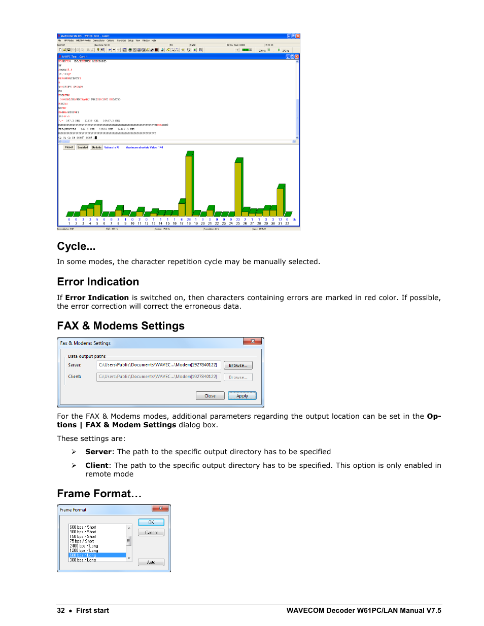 Cycle, Error indication, Fax & modems settings | Frame format | Wavecom W61PC V7.5.0 User Manual | Page 42 / 353