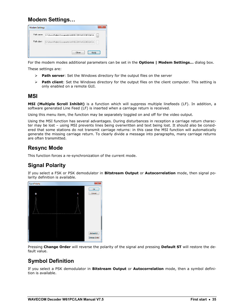 Modem settings, Resync mode, Signal polarity | Symbol definition | Wavecom W61PC V7.5.0 User Manual | Page 45 / 353