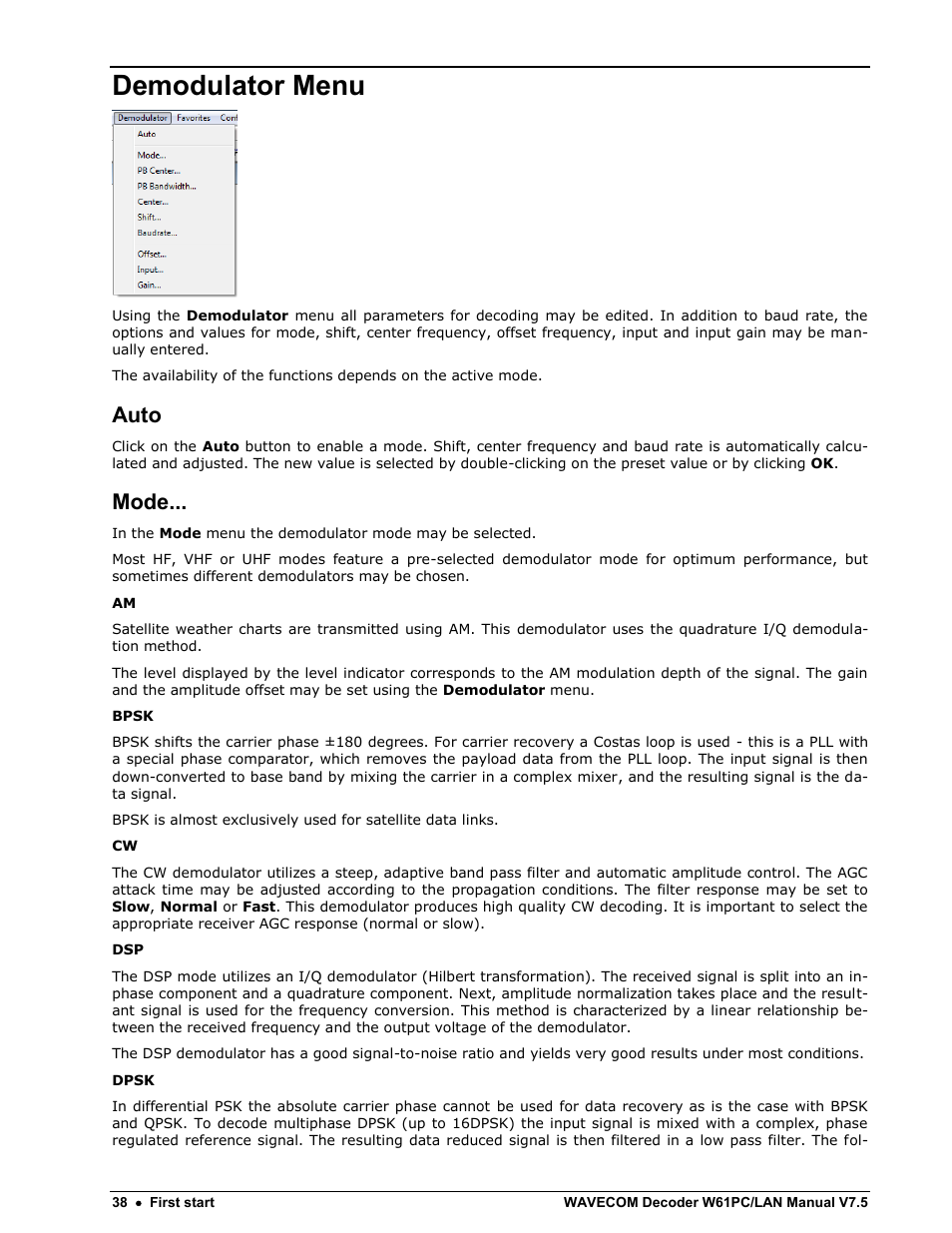 Demodulator menu, Auto, Mode | Wavecom W61PC V7.5.0 User Manual | Page 48 / 353