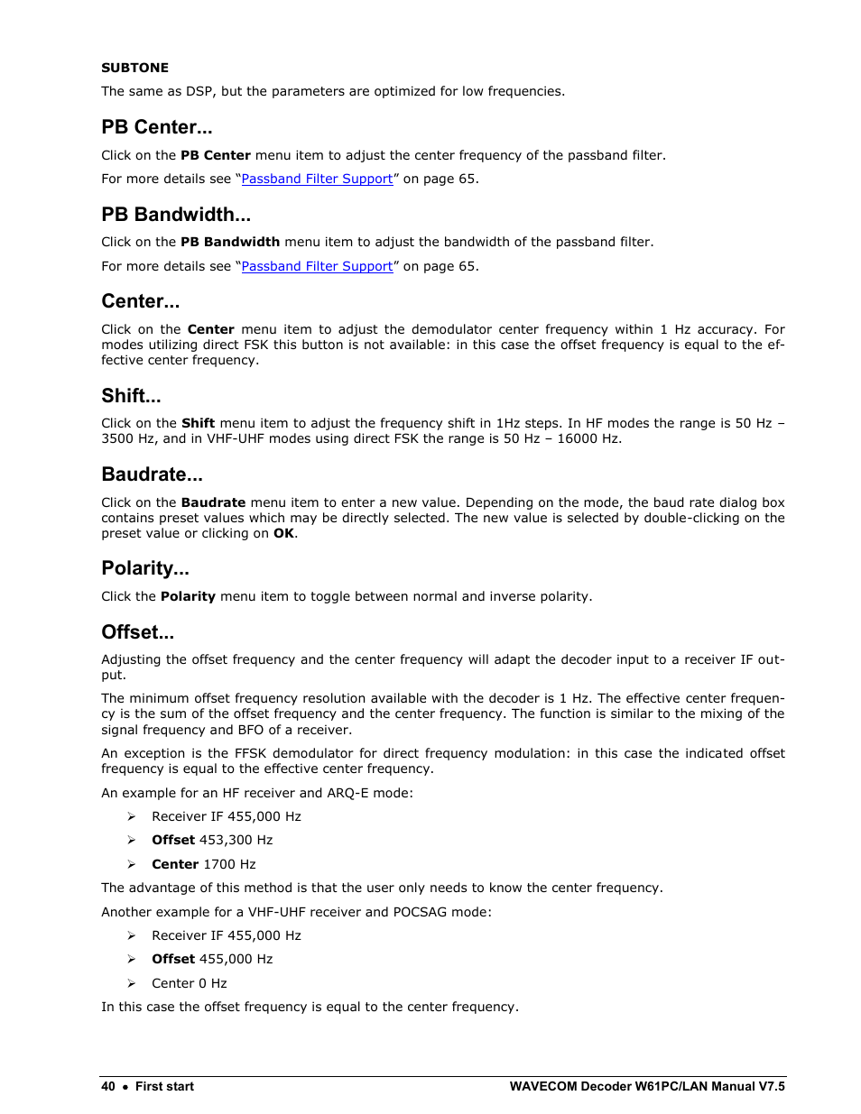 Pb center, Pb bandwidth, Center | Shift, Baudrate, Polarity, Offset | Wavecom W61PC V7.5.0 User Manual | Page 50 / 353