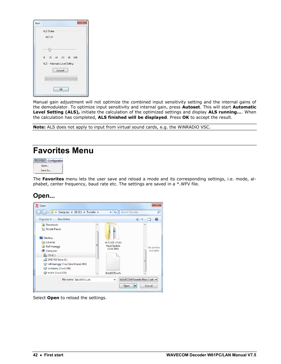 Favorites menu, Open | Wavecom W61PC V7.5.0 User Manual | Page 52 / 353