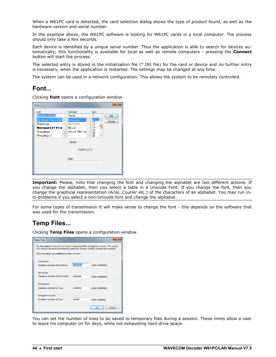 Font, Temp files | Wavecom W61PC V7.5.0 User Manual | Page 54 / 353