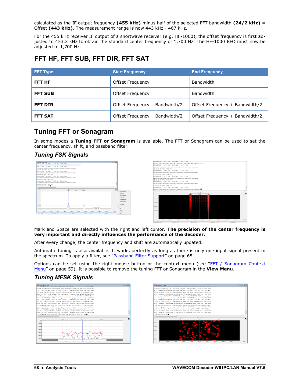 Fft hf, fft sub, fft dir, fft sat, Tuning fft or sonagram, Tuning fsk signals | Tuning mfsk signals | Wavecom W61PC V7.5.0 User Manual | Page 78 / 353