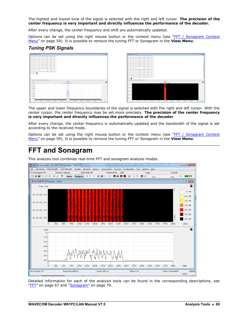 Fft and sonagram, Tuning psk signals | Wavecom W61PC V7.5.0 User Manual | Page 79 / 353