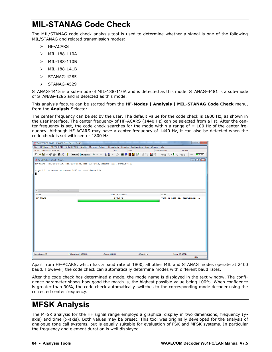 Mil-stanag code check, Mfsk analysis | Wavecom W61PC V7.5.0 User Manual | Page 94 / 353