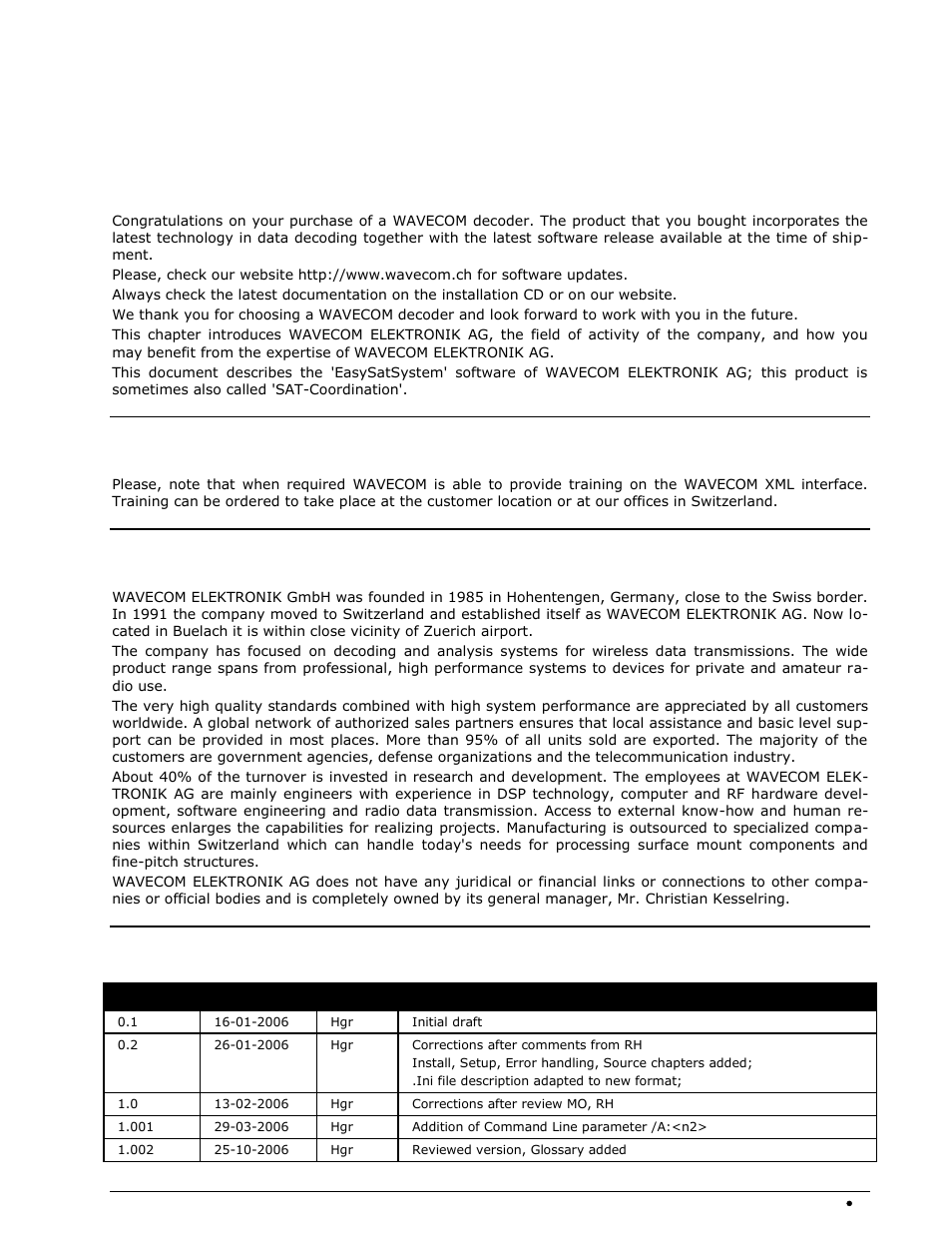 Welcome, Training, Company profile | Revisions | Wavecom EasySatSystem (W61PC) V1.2.00 User Manual | Page 5 / 17