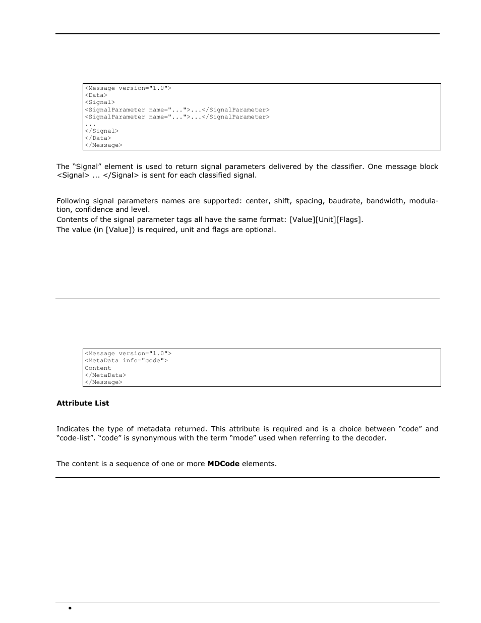 Signal messages, Signal element, Metadata messages | Main metadata message tag, Metadata element, Mdcode message, Mdcode element | Wavecom W-RCI (Remote Control) V8.7.0 User Manual | Page 18 / 81