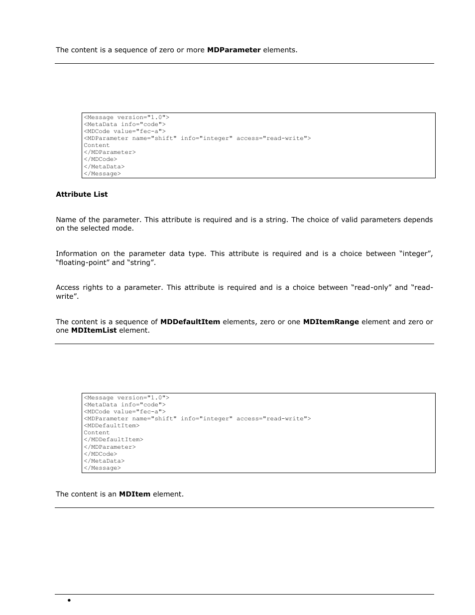 Mdparameter message, Mdparameter element, Mddefaultitem message | Mddefaultitem element, Mditemrange message, Mditemrange element | Wavecom W-RCI (Remote Control) V8.7.0 User Manual | Page 20 / 81