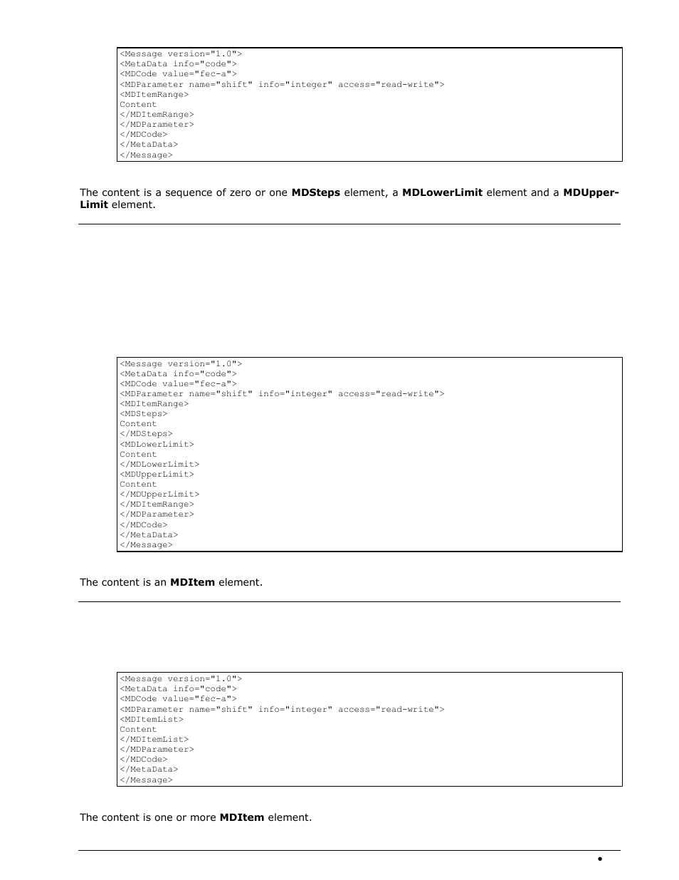 Mdsteps, mdlowerlimit and mdupperlimit messages, Mdsteps element, Mdlowerlimit element | Mdupperlimit element, Mditemlist message, Mditemlist element | Wavecom W-RCI (Remote Control) V8.7.0 User Manual | Page 21 / 81