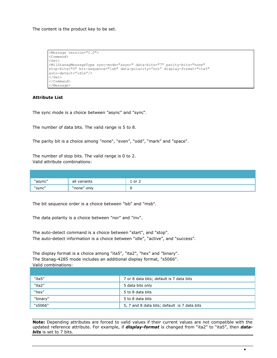 Milstanagmessagetype element, Content, Sync-mode | Data-bits, Parity-bits, Stop-bits, Bit-sequence, Data-polarity, Auto-detect, Display-format | Wavecom W-RCI (Remote Control) V8.7.0 User Manual | Page 25 / 81