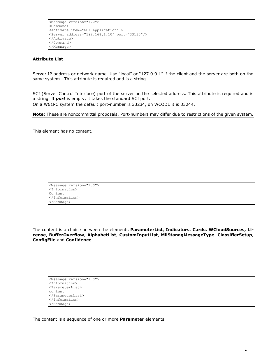 Information messages, Main information message tag, Information element | Parameterlist message, Parameterlist element | Wavecom W-RCI (Remote Control) V8.7.0 User Manual | Page 33 / 81