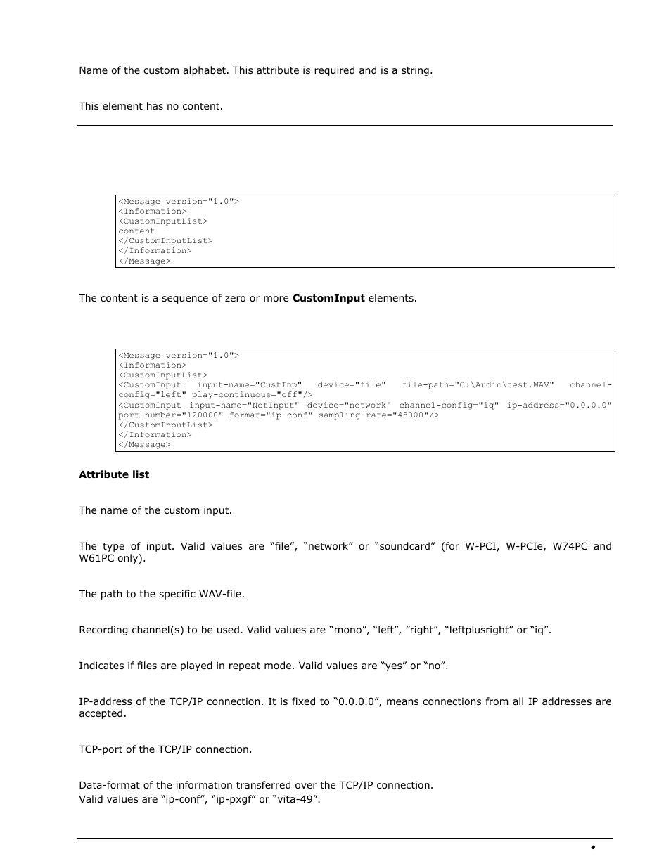 Custominputlist message, Custominputlist element, Custominput element | Wavecom W-RCI (Remote Control) V8.7.0 User Manual | Page 39 / 81