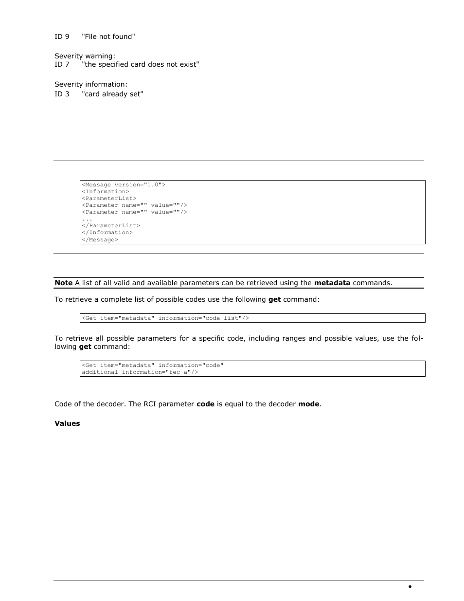 Parameter names and values, Parameter element, List of parameters | Code | Wavecom W-RCI (Remote Control) V8.7.0 User Manual | Page 41 / 81