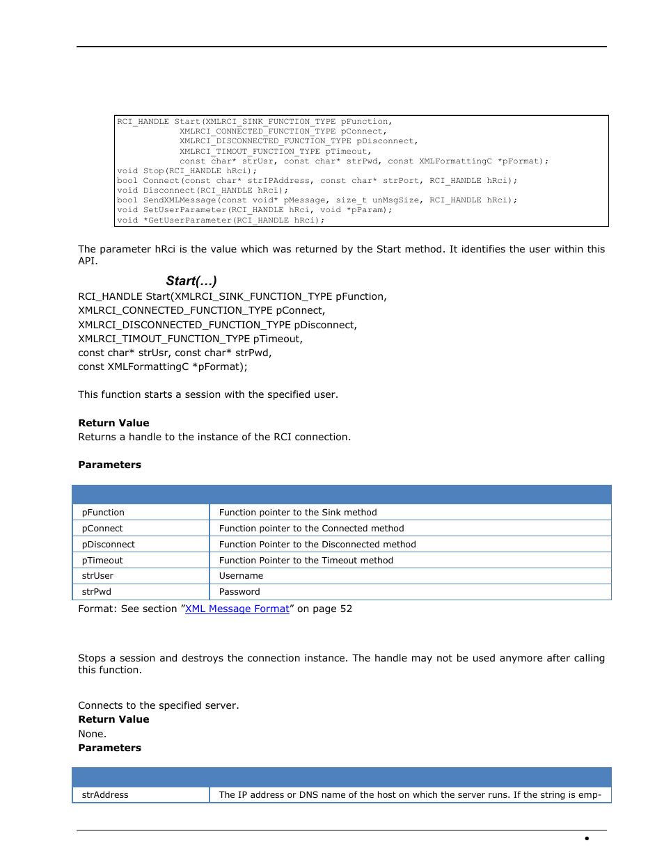 C application programming interface, Source, Rci_handle start(…) | Void stop(rci_handle hrci) | Wavecom W-RCI (Remote Control) V8.7.0 User Manual | Page 57 / 81