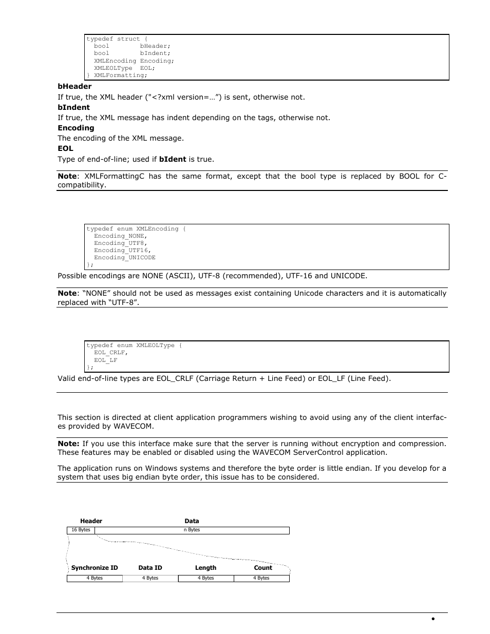 Xmlencoding, Xmleoltype, Xml remote control interface | Data package protocol | Wavecom W-RCI (Remote Control) V8.7.0 User Manual | Page 61 / 81