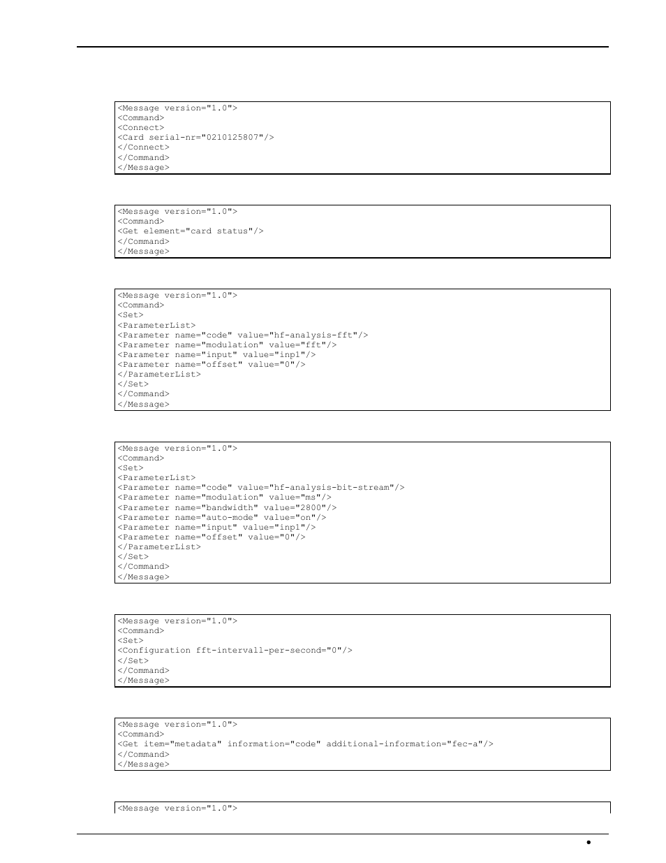 Xml command samples, Connect to card, Get status | Set fft, Set bitstream, Set ffts per second, Get metadata for fec-a, Get metadata codelist | Wavecom W-RCI (Remote Control) V8.7.0 User Manual | Page 67 / 81