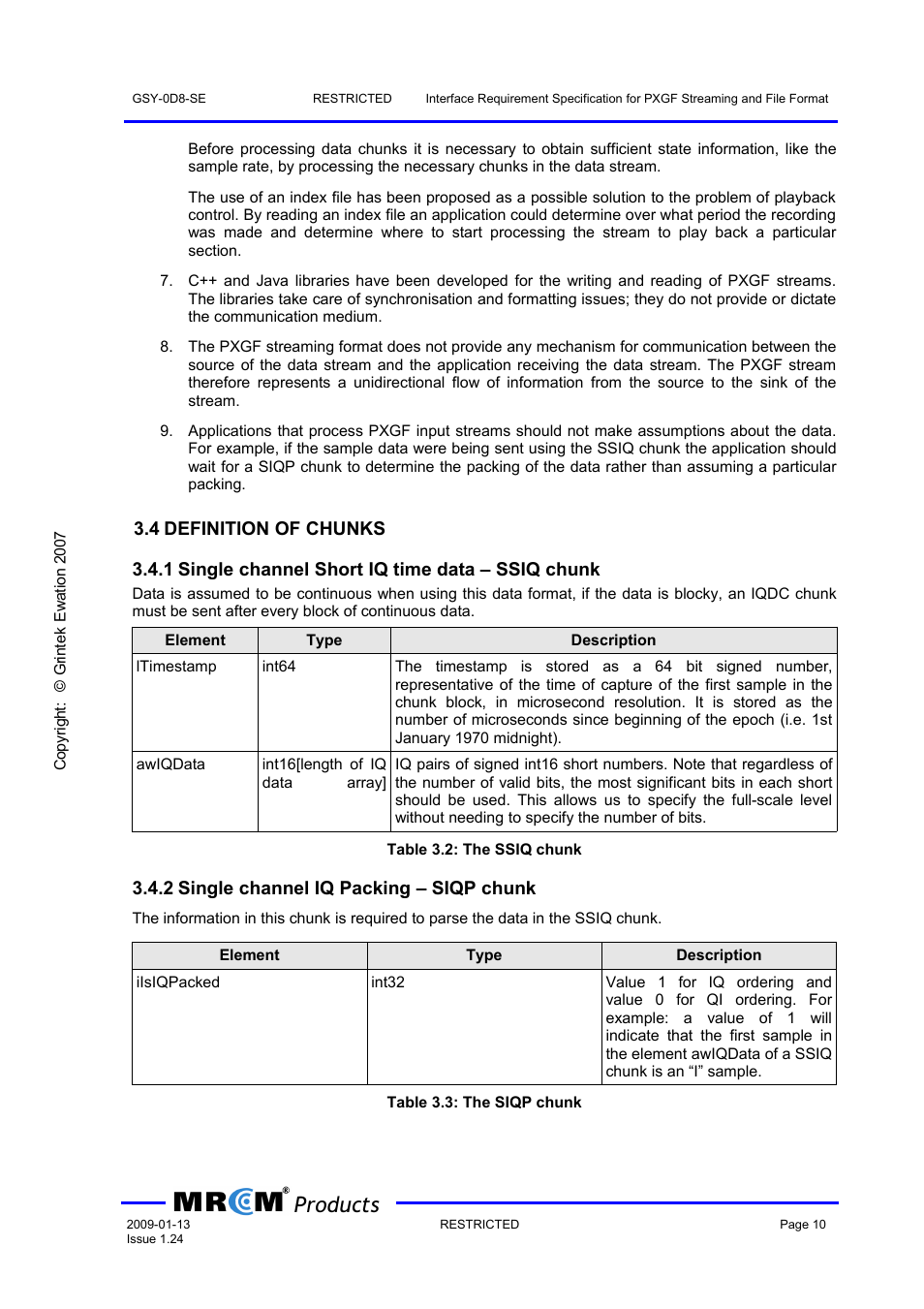 4 definition of chunks, 1 single channel short iq time data – ssiq chunk, 2 single channel iq packing – siqp chunk | Products | Wavecom PXGF streaming format (GEW) V1.24 User Manual | Page 11 / 18