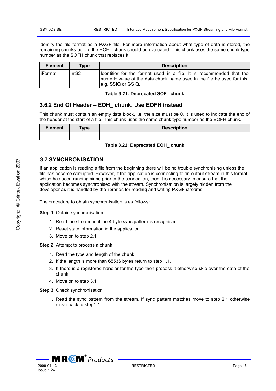 2 end of header – eoh_ chunk. use eofh instead, 7 synchronisation, Products | Wavecom PXGF streaming format (GEW) V1.24 User Manual | Page 17 / 18