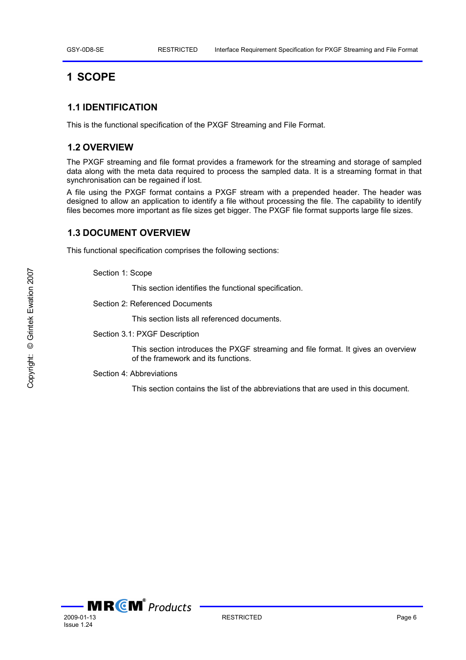 1 scope, 1 identification, 2 overview | 3 document overview, Products | Wavecom PXGF streaming format (GEW) V1.24 User Manual | Page 7 / 18