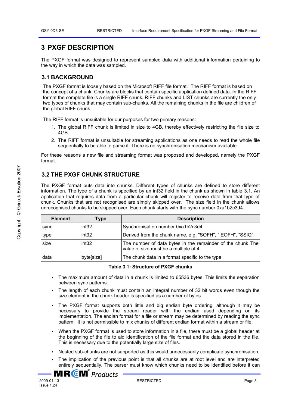 3 pxgf description, 1 background, 2 the pxgf chunk structure | Products | Wavecom PXGF streaming format (GEW) V1.24 User Manual | Page 9 / 18