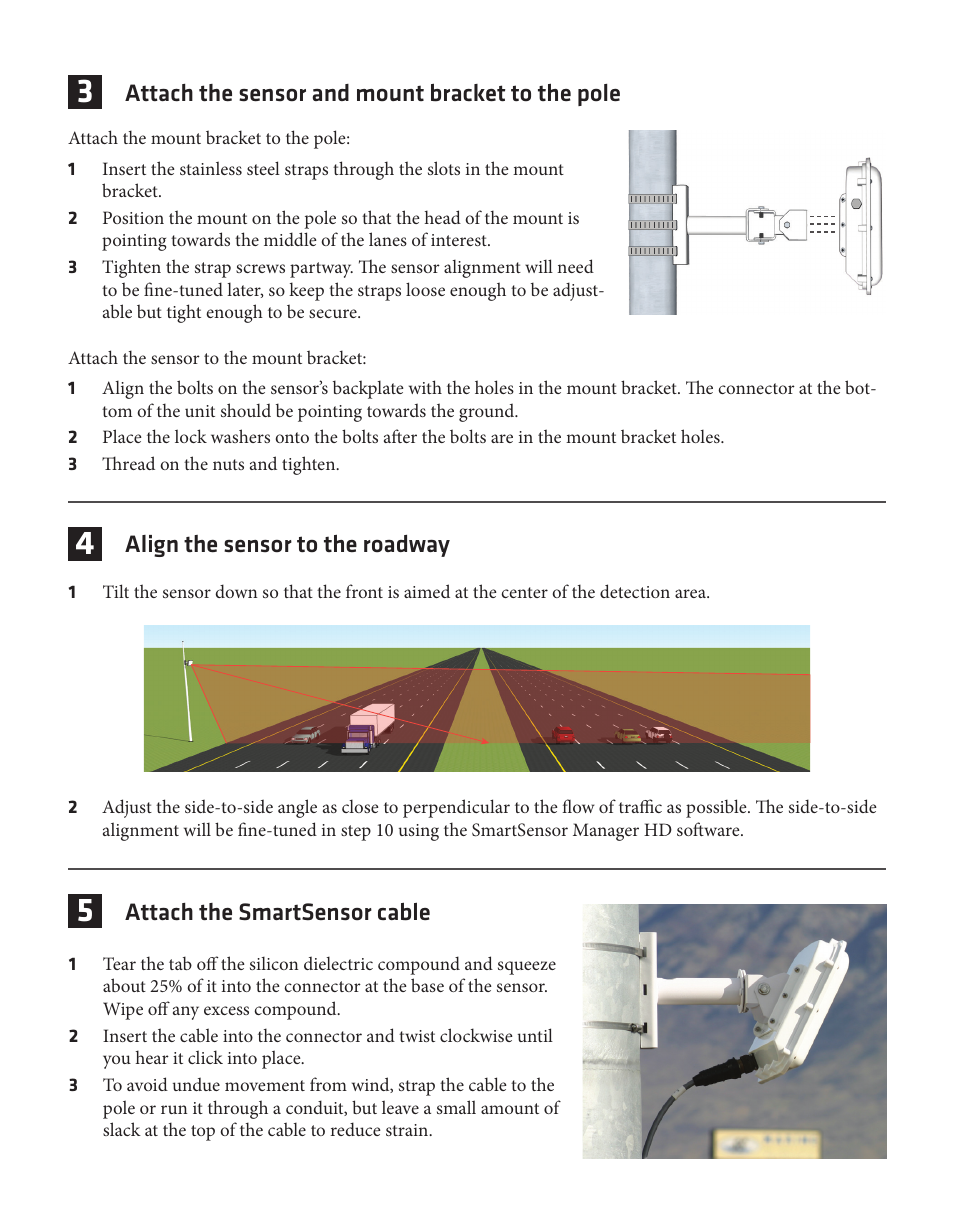 Align the sensor to the roadway, Attach the smartsensor cable, Attach the sensor and mount bracket to the pole | Wavetronix SmartSensor HD (101-0415) - Quick-reference Guide (Installer) User Manual | Page 2 / 4