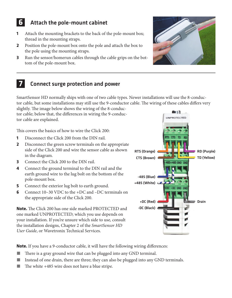 Connect surge protection and power, Attach the pole-mount cabinet | Wavetronix SmartSensor HD (101-0415) - Quick-reference Guide (Installer) User Manual | Page 3 / 4