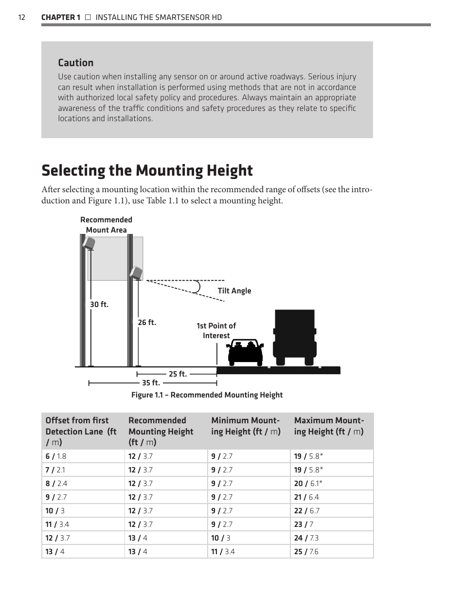 Selecting the mounting height, Caution | Wavetronix SmartSensor HD (101-0415) - User Guide User Manual | Page 13 / 89