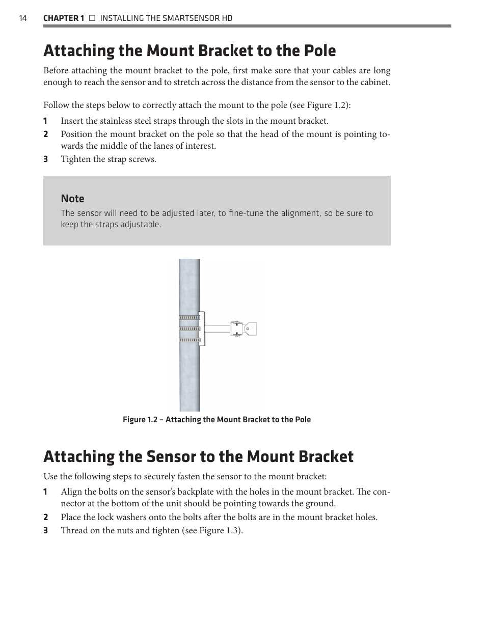 Attaching the mount bracket to the pole, Attaching the sensor to the mount bracket | Wavetronix SmartSensor HD (101-0415) - User Guide User Manual | Page 15 / 89