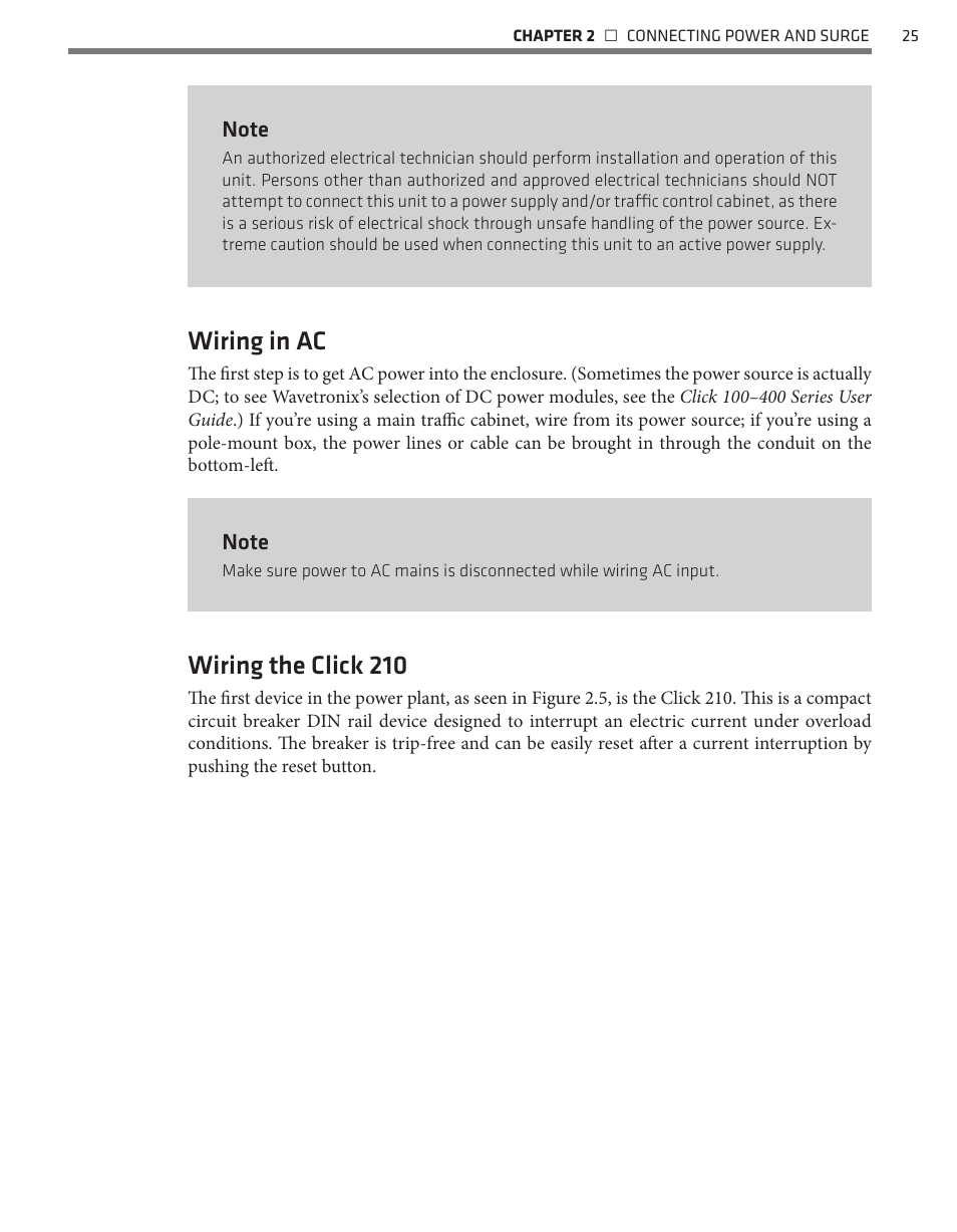 Wiring in ac, Wiring the click 210 | Wavetronix SmartSensor HD (101-0415) - User Guide User Manual | Page 26 / 89