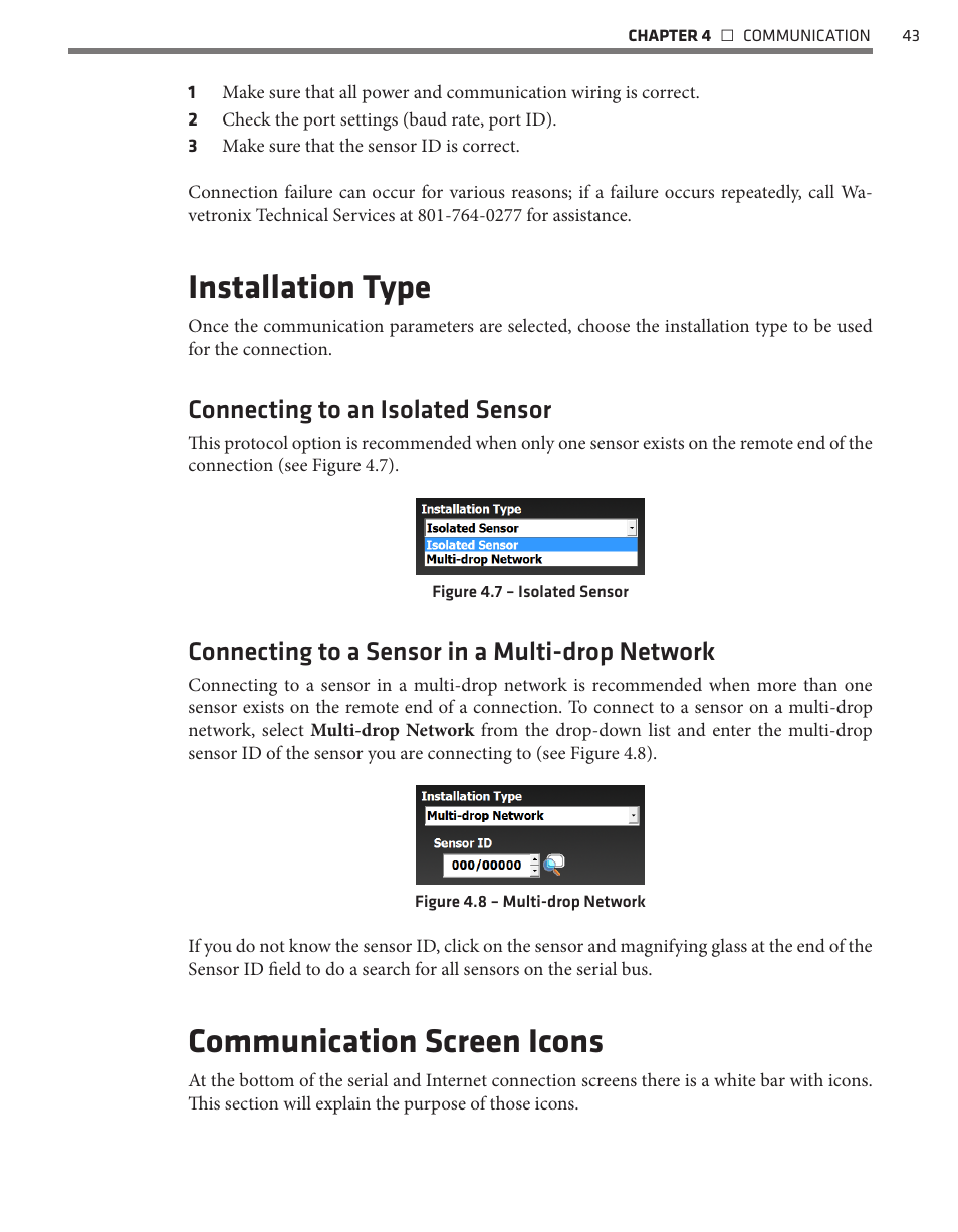 Installation type, Communication screen icons, Connecting to an isolated sensor | Connecting to a sensor in a multi-drop network | Wavetronix SmartSensor HD (101-0415) - User Guide User Manual | Page 44 / 89