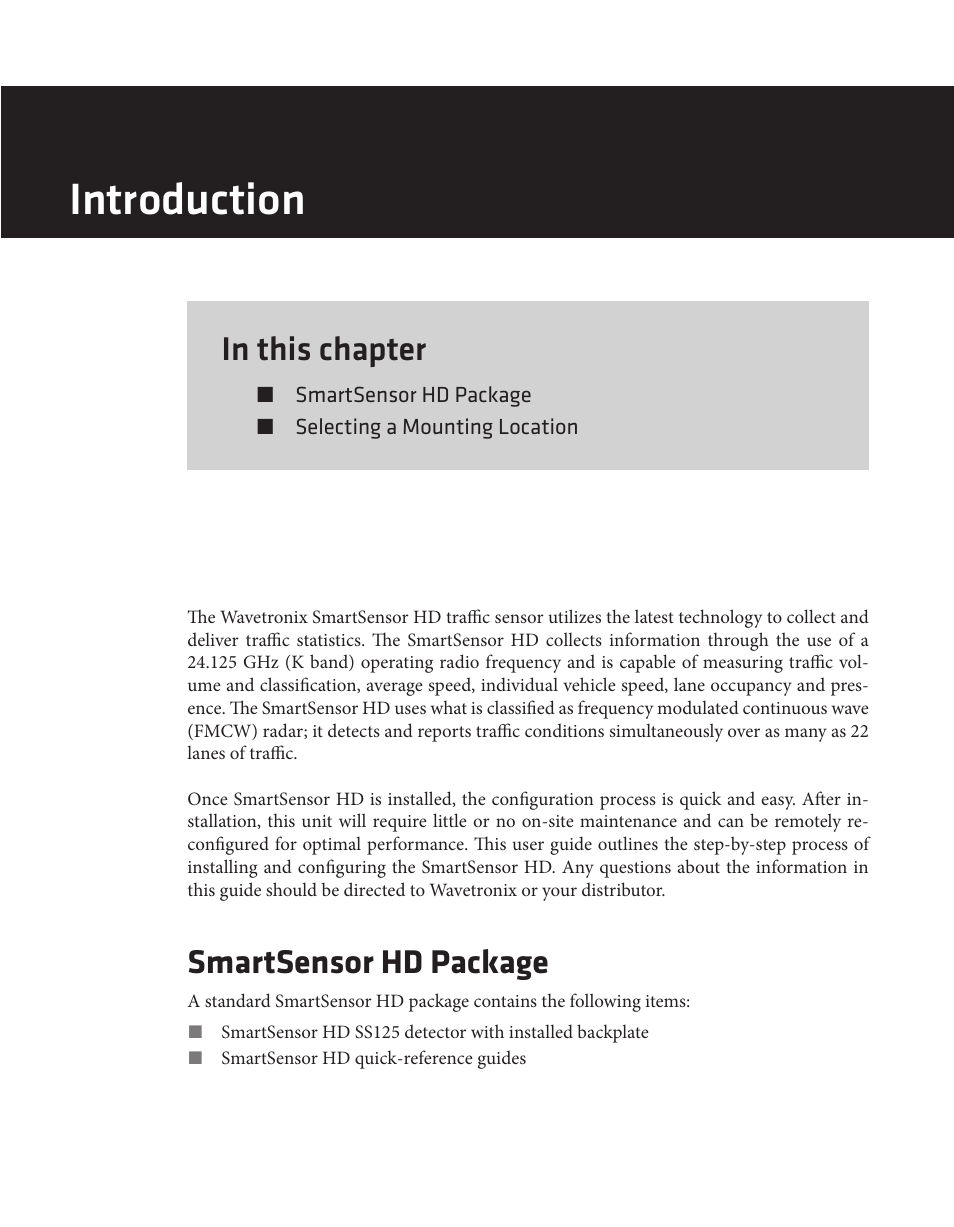 Introduction, Smartsensor hd package | Wavetronix SmartSensor HD (101-0415) - User Guide User Manual | Page 6 / 89