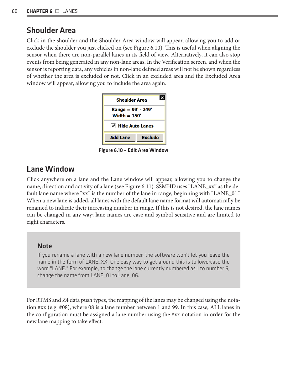 Shoulder area, Lane window | Wavetronix SmartSensor HD (101-0415) - User Guide User Manual | Page 61 / 89