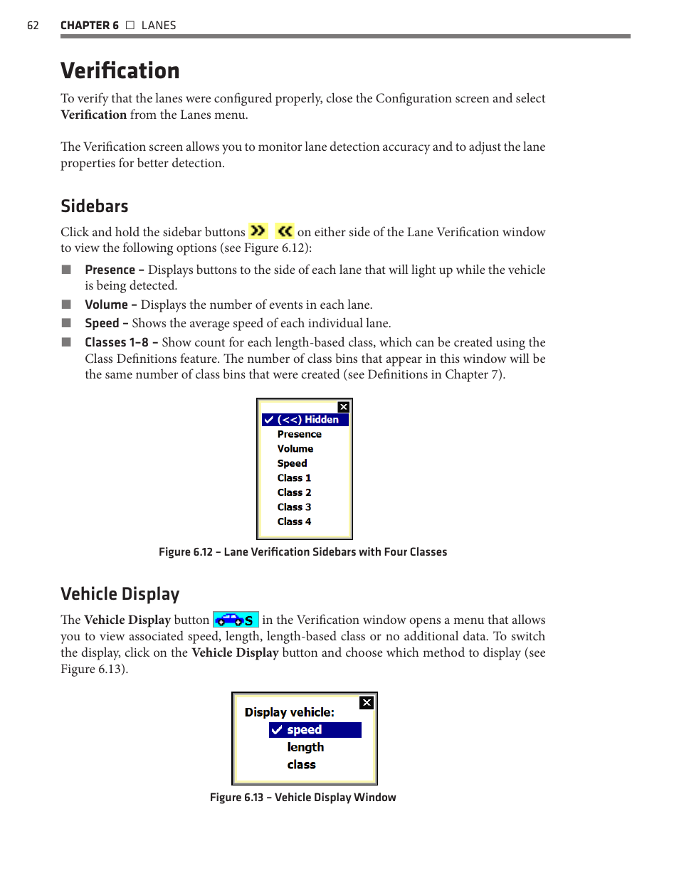 Verification, Sidebars, Vehicle display | Wavetronix SmartSensor HD (101-0415) - User Guide User Manual | Page 63 / 89