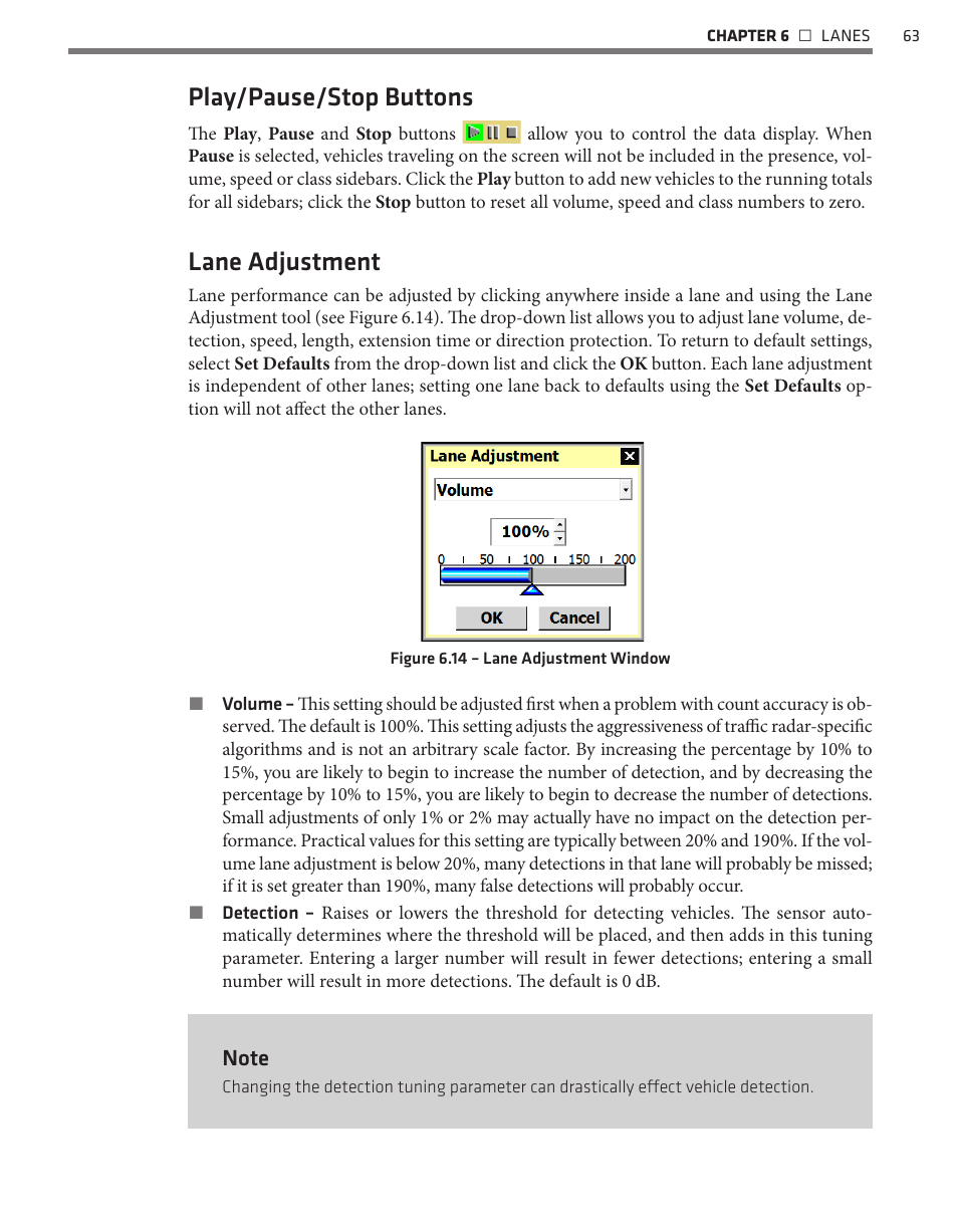 Play/pause/stop buttons, Lane adjustment | Wavetronix SmartSensor HD (101-0415) - User Guide User Manual | Page 64 / 89