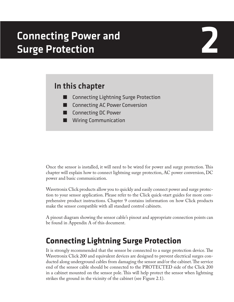 Chapter 2 - connecting power and surge protection, Connecting power and surge protection, Connecting lightning surge protection | Wavetronix SmartSensor 105 (SS-105) - User Guide User Manual | Page 18 / 99