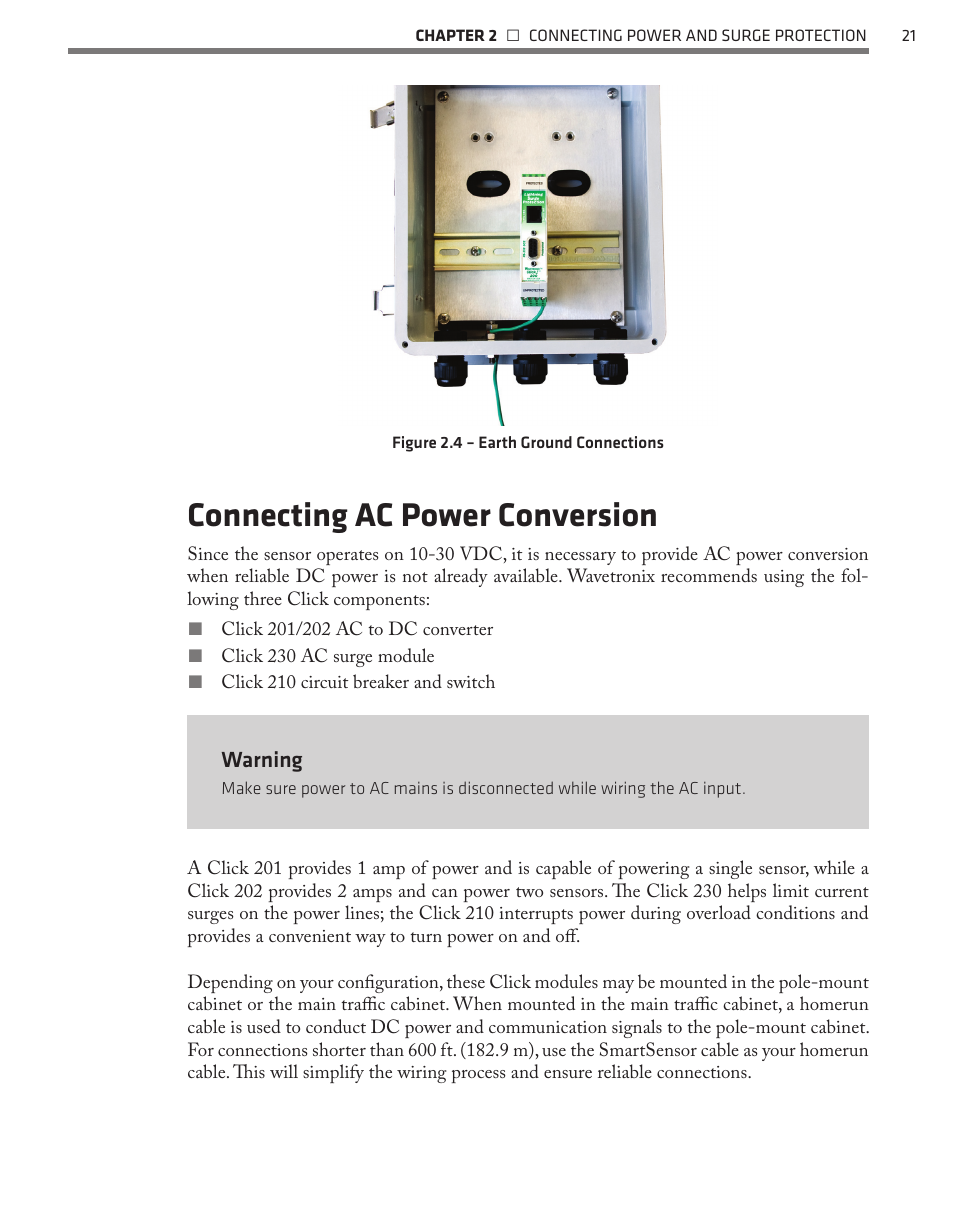 Connecting ac power conversion, Warning | Wavetronix SmartSensor 105 (SS-105) - User Guide User Manual | Page 22 / 99