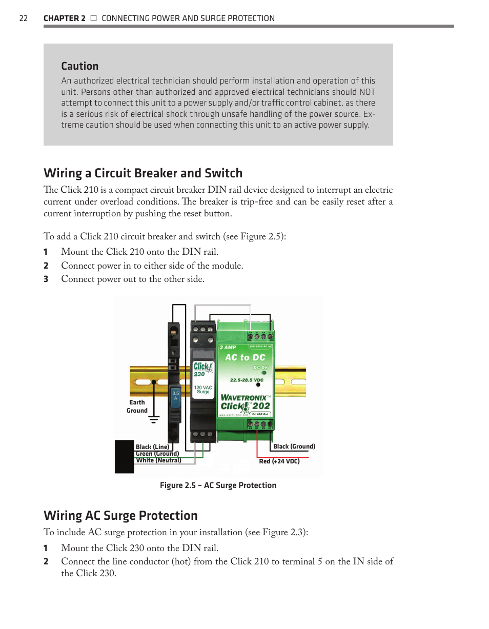 Wiring a circuit breaker and switch, Wiring ac surge protection, Caution | Wavetronix SmartSensor 105 (SS-105) - User Guide User Manual | Page 23 / 99