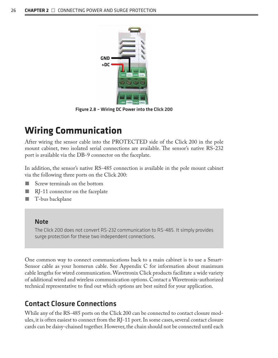 Wiring communication, Contact closure connections | Wavetronix SmartSensor 105 (SS-105) - User Guide User Manual | Page 27 / 99