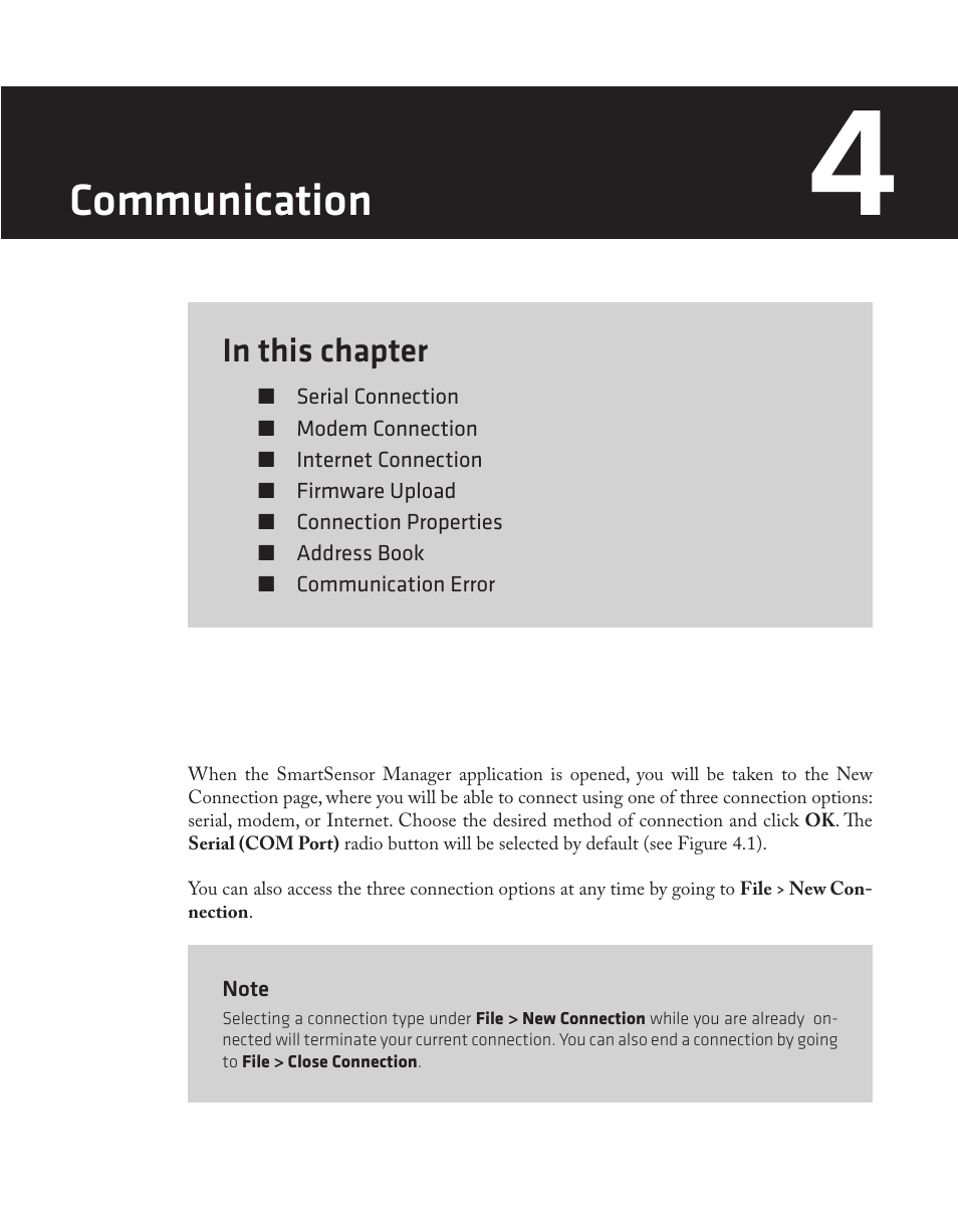 Chapter 4 - communication, Communication | Wavetronix SmartSensor 105 (SS-105) - User Guide User Manual | Page 36 / 99