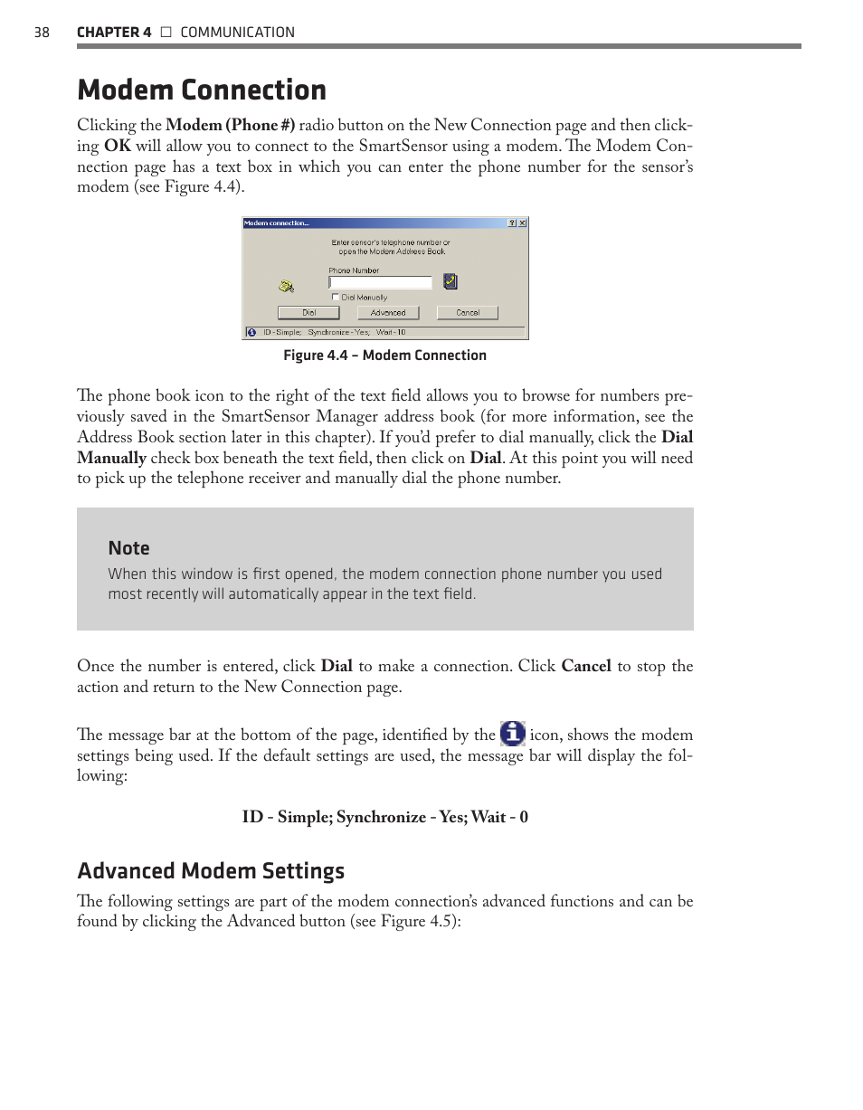 Modem connection, Advanced modem settings | Wavetronix SmartSensor 105 (SS-105) - User Guide User Manual | Page 39 / 99