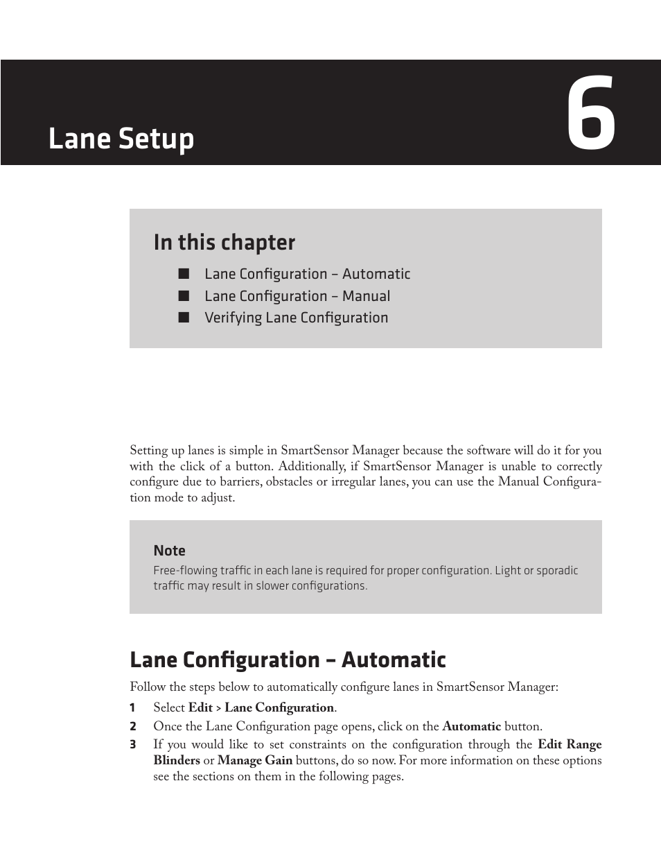 Chapter 6 - lane setup, Lane setup, Lane configuration – automatic | Wavetronix SmartSensor 105 (SS-105) - User Guide User Manual | Page 60 / 99