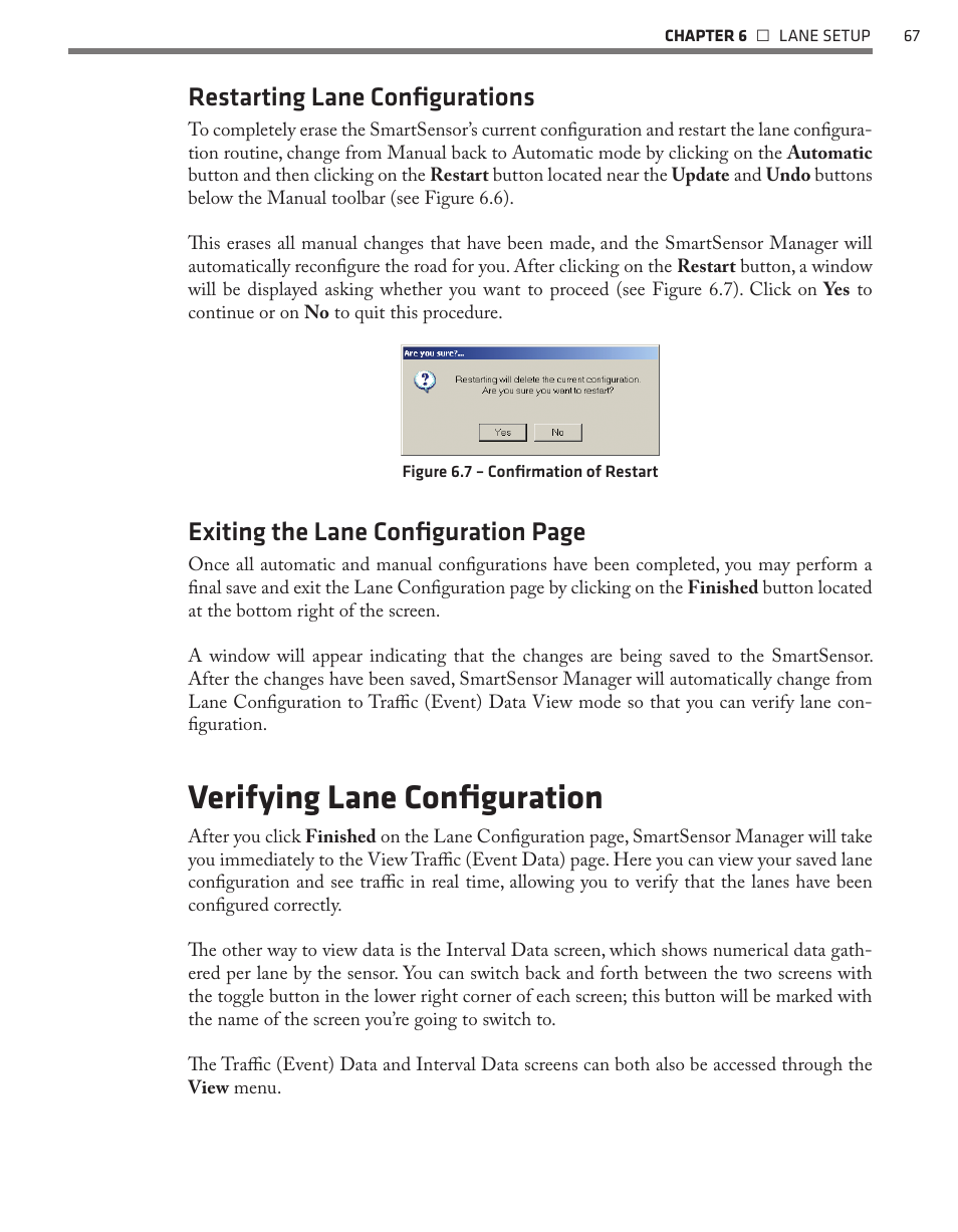 Verifying lane configuration, Restarting lane configurations, Exiting the lane configuration page | Wavetronix SmartSensor 105 (SS-105) - User Guide User Manual | Page 68 / 99