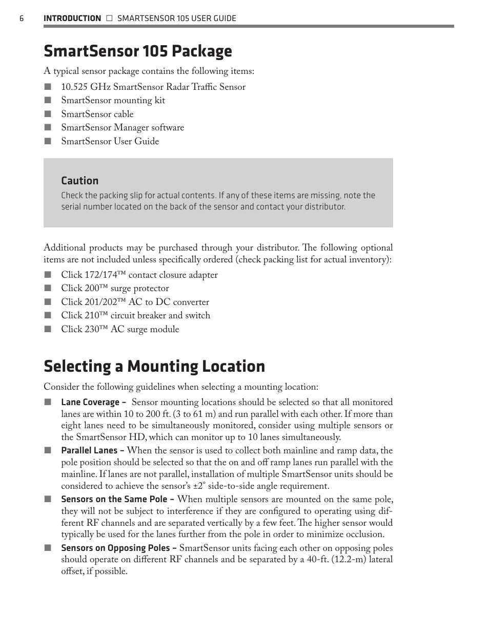 Smartsensor 105 package, Selecting a mounting location, Caution | Wavetronix SmartSensor 105 (SS-105) - User Guide User Manual | Page 7 / 99