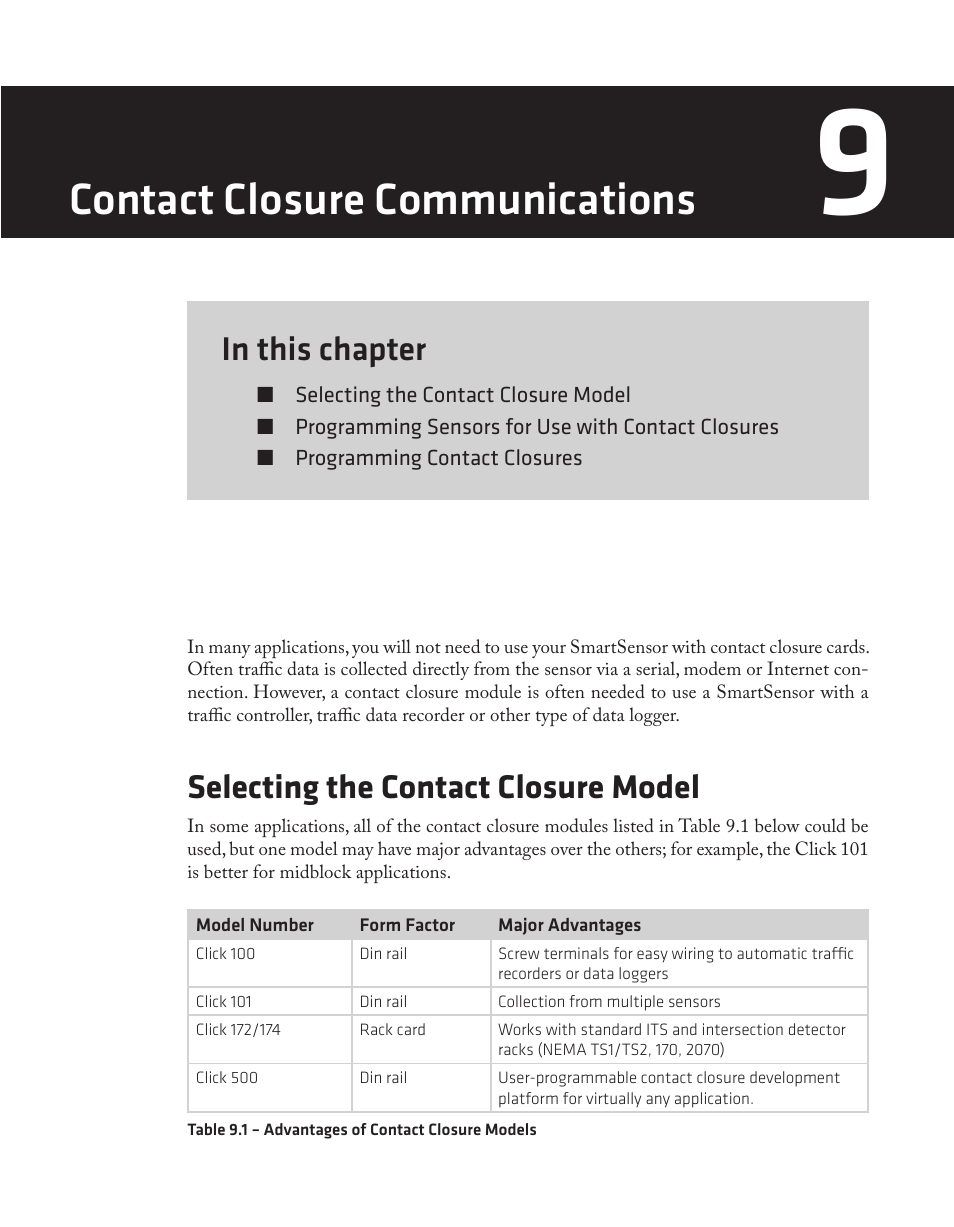 Chapter 9 - contact closure communications, Contact closure communications, Selecting the contact closure model | Wavetronix SmartSensor 105 (SS-105) - User Guide User Manual | Page 88 / 99