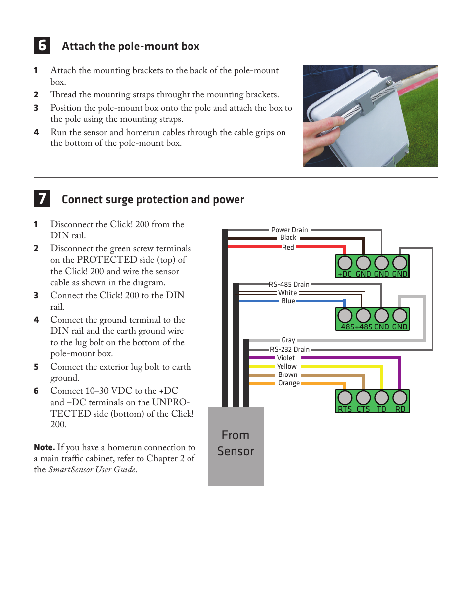 Attach the pole-mount box, Connect surge protection and power | Wavetronix SmartSensor 105 (SS-105) - Quick-reference Guide (Installer) User Manual | Page 3 / 4