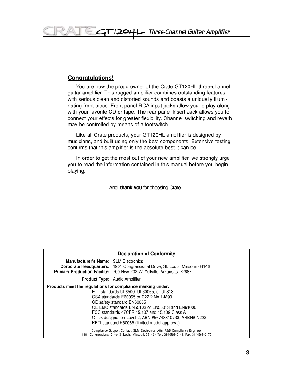 Three-channel guitar amplifier | Crate Amplifiers GT120HL User Manual | Page 3 / 8